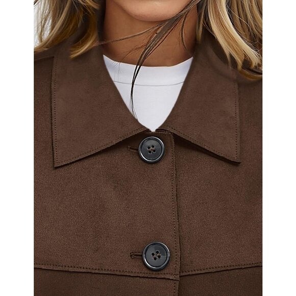 Women's Dark Brown Faux Suede Cropped Jacket Casual Lightweight Fall Fashion - Picture 5 of 5